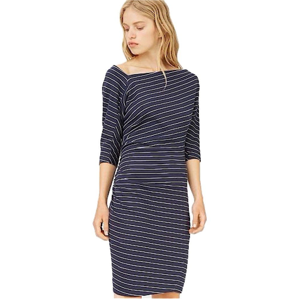 Club Monaco Galora Knit Dress Navy Stripe Jersey Ruched Bias Stretchy Midi Small